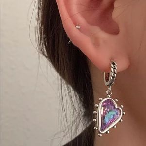Vintage Purple Crystal Heart Ssymmetrical Drop Dangle Hoop Earrings For Women